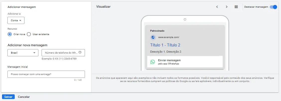 Como configurar o botão para WhatsApp no Google Ads? 