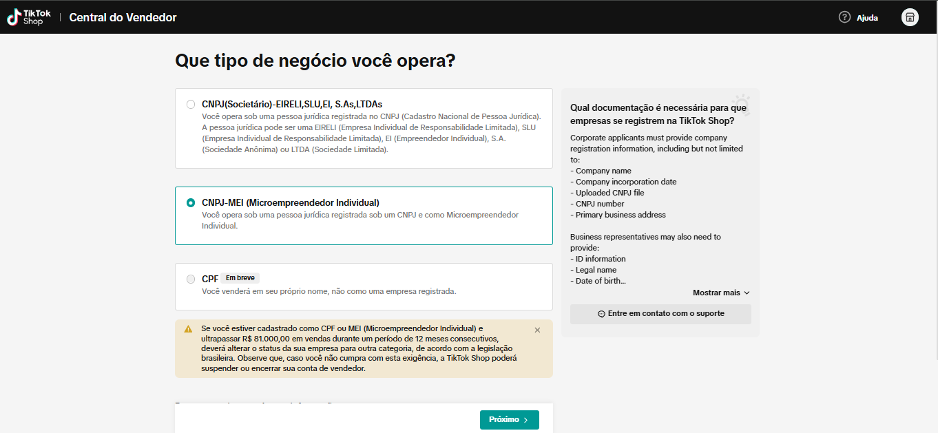 Configuração do tiktok shop